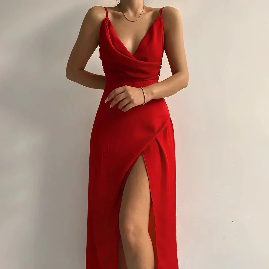 Valentina™ | サテンの水fallネックとスリット付きドレス